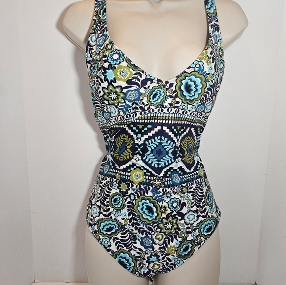 Mossimo 1-piece Swimsuit Blue & green Boho floral pattern Size L Strappy Back - Picture 4 of 17